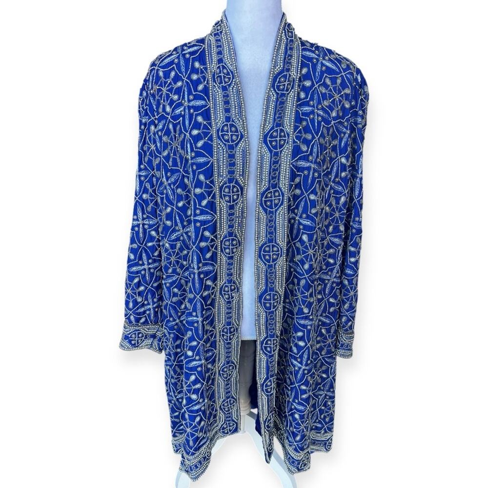 Vintage Satin Hand Beaded Evening Jacket Blue Silver Metallic One Size